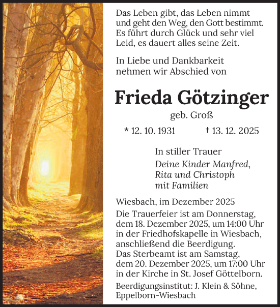 Traueranzeige von Frieda Götzinger von saarbruecker_zeitung