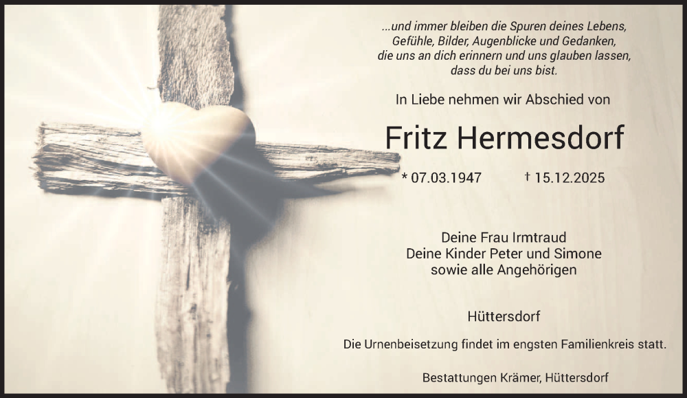  Traueranzeige für Fritz Hermesdorf vom 20.12.2025 aus saarbruecker_zeitung