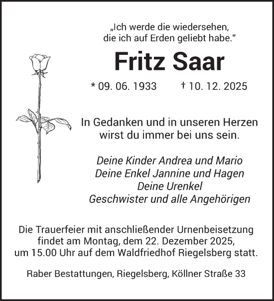 Traueranzeige von Fritz Saar von saarbruecker_zeitung