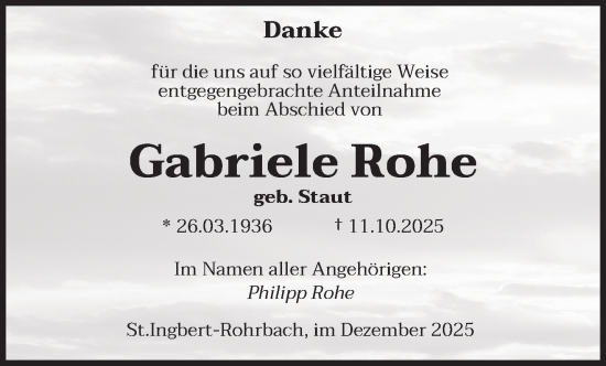 Traueranzeige von Gabriele Rohe von saarbruecker_zeitung
