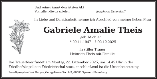Traueranzeige von Gabriele Amalie Theis von saarbruecker_zeitung
