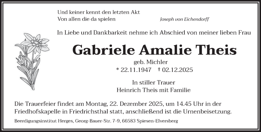  Traueranzeige für Gabriele Amalie Theis vom 13.12.2025 aus saarbruecker_zeitung