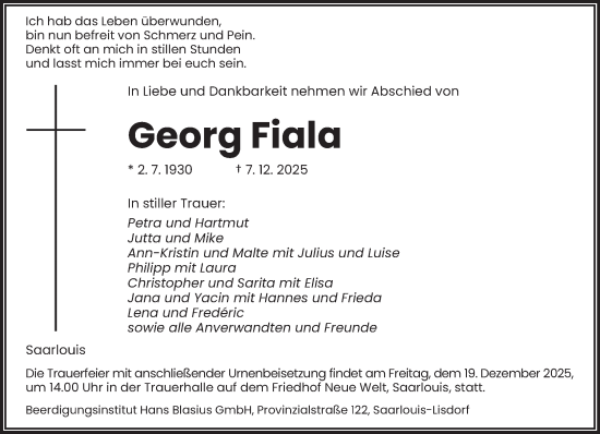 Traueranzeige von Georg Fiala von saarbruecker_zeitung