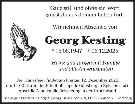 Traueranzeige von Georg Kesting von saarbruecker_zeitung