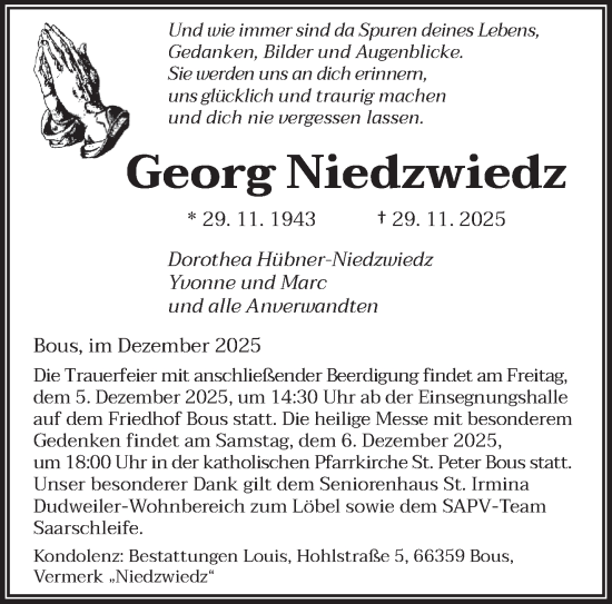 Traueranzeige von Georg Niedzwiedz von saarbruecker_zeitung