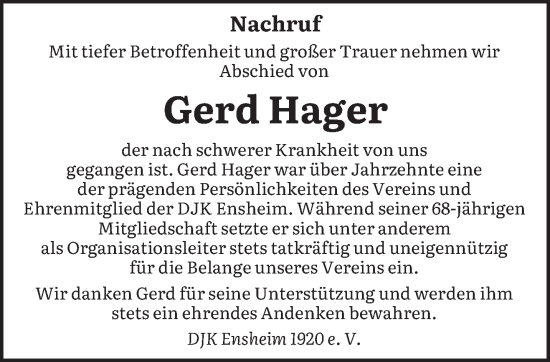 Traueranzeige von Gerd Hager von saarbruecker_zeitung