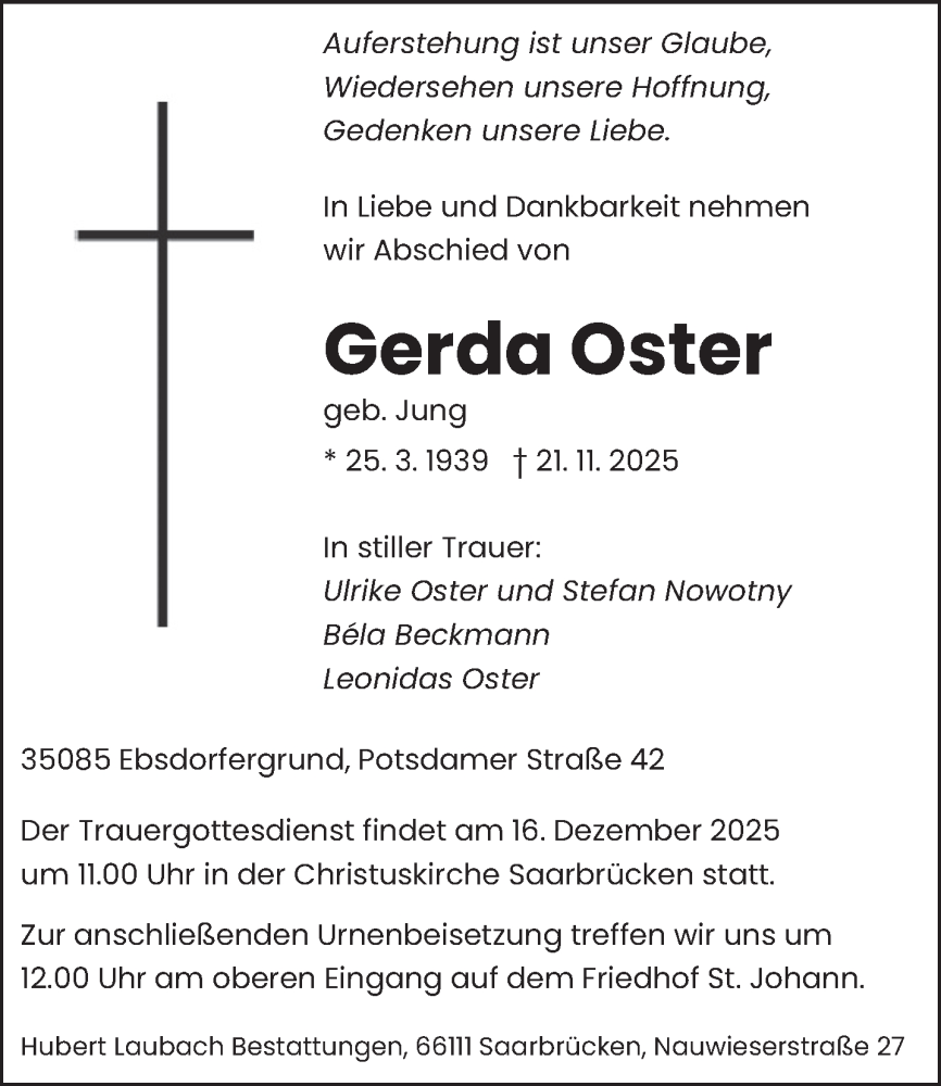  Traueranzeige für Gerda Oster vom 06.12.2025 aus saarbruecker_zeitung