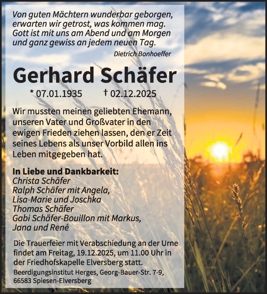  Traueranzeige für Gerhard Schäfer vom 13.12.2025 aus saarbruecker_zeitung