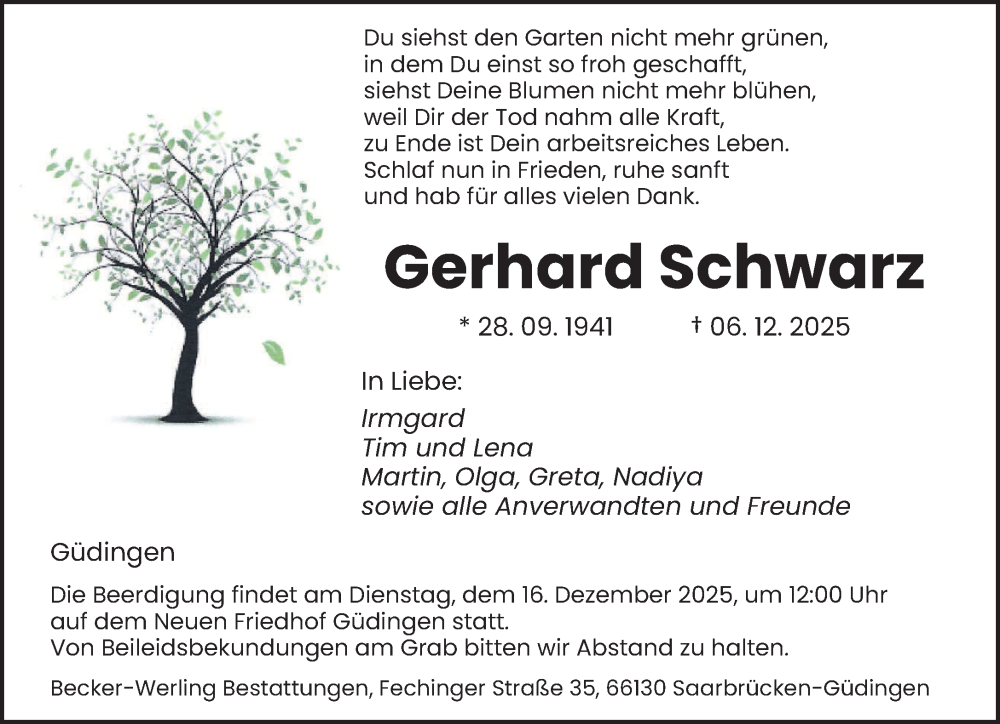  Traueranzeige für Gerhard Schwarz vom 13.12.2025 aus saarbruecker_zeitung