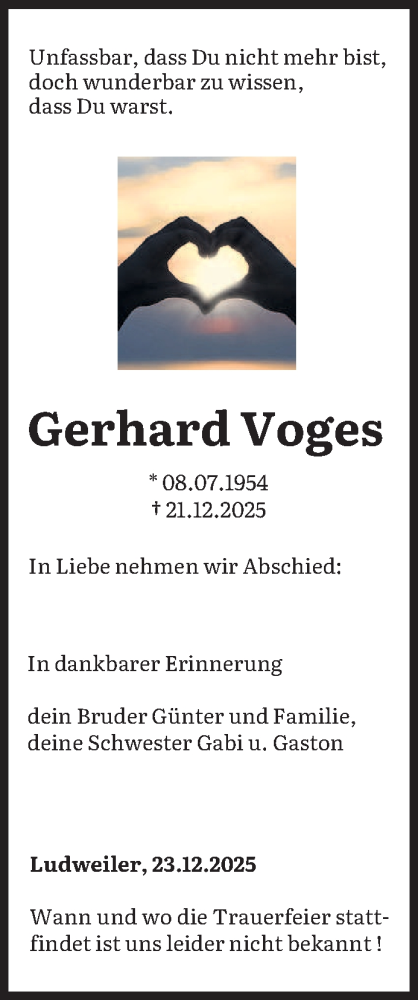 Traueranzeige von Gerhard Voges von saarbruecker_zeitung