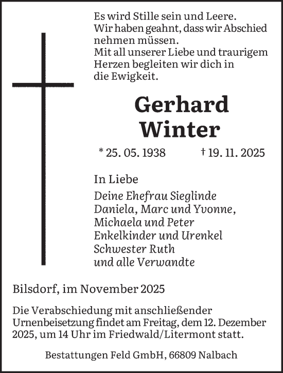 Traueranzeige von Gerhard Winter von saarbruecker_zeitung
