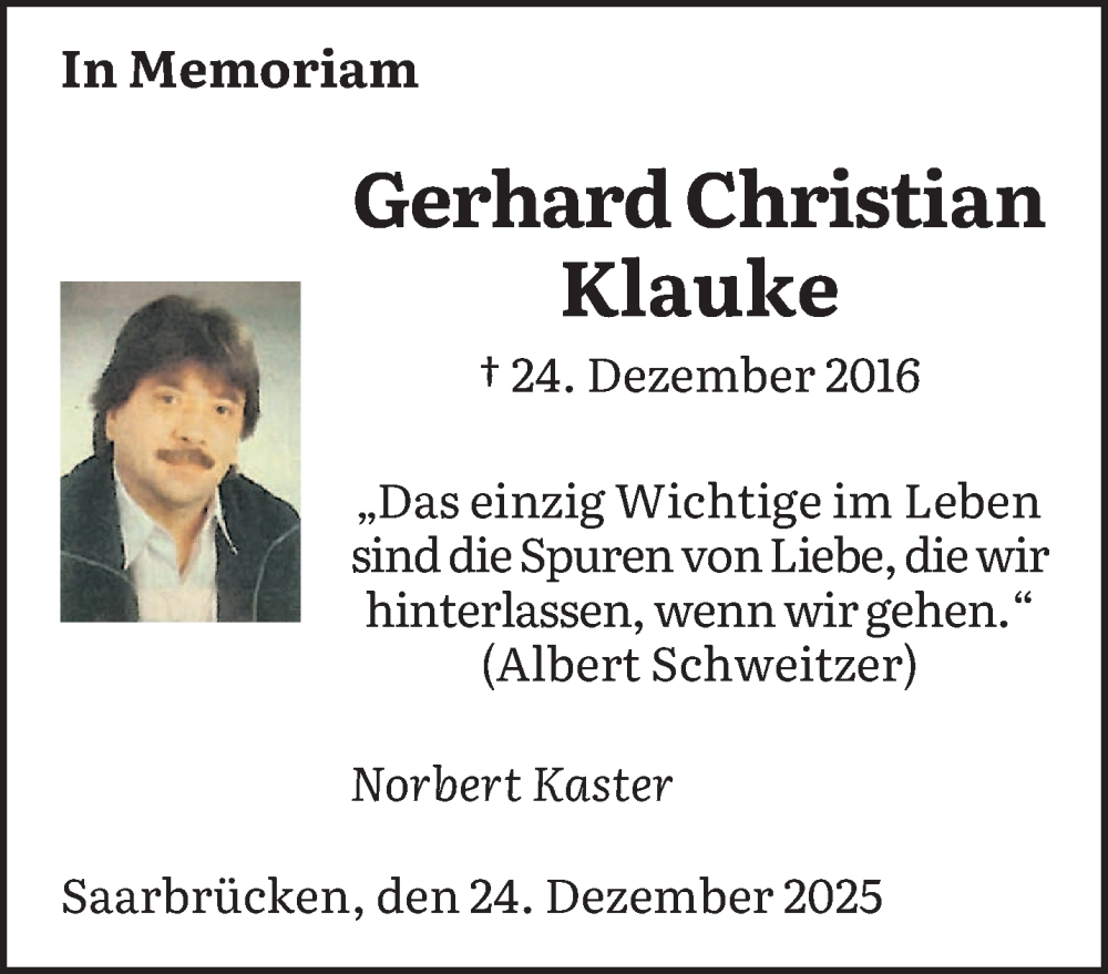  Traueranzeige für Gerhard Christian Klauke vom 24.12.2025 aus saarbruecker_zeitung