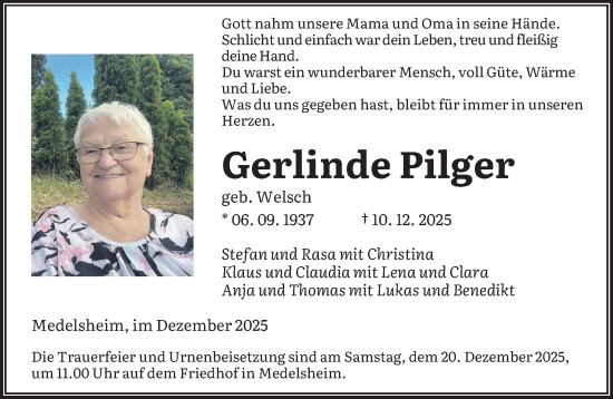 Traueranzeige von Gerlinde Pilger von saarbruecker_zeitung