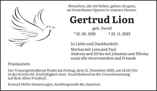 Traueranzeige von Gertrud Lion von saarbruecker_zeitung