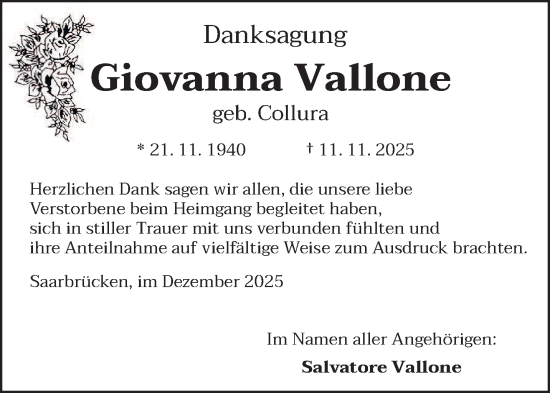 Traueranzeige von Giovanna Vallone von saarbruecker_zeitung