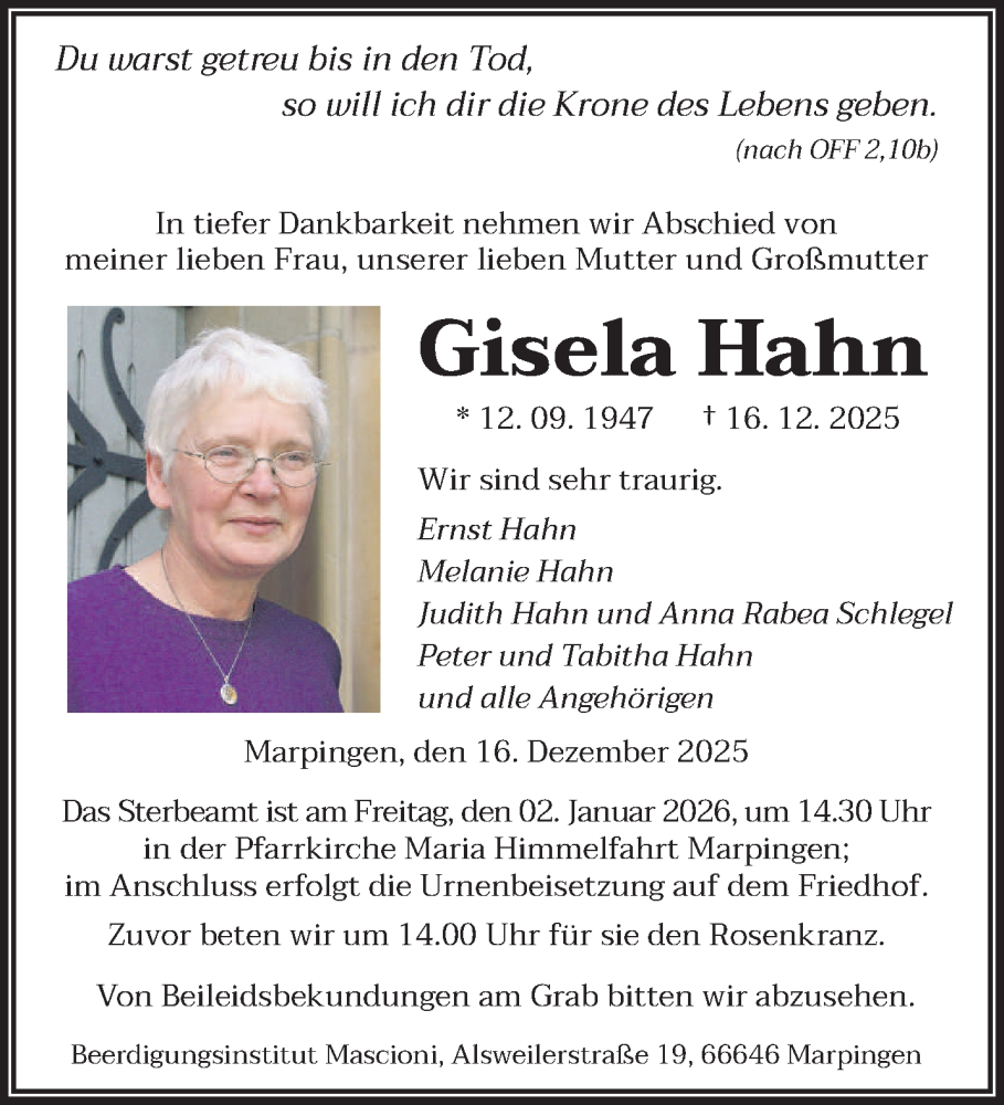  Traueranzeige für Gisela Hahn vom 27.12.2025 aus saarbruecker_zeitung