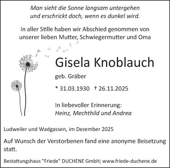 Traueranzeige von Gisela Knoblauch von saarbruecker_zeitung