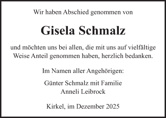 Traueranzeige von Gisela Schmalz von saarbruecker_zeitung