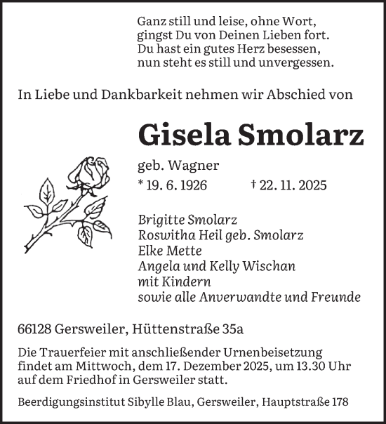 Traueranzeige von Gisela Smolarz von saarbruecker_zeitung