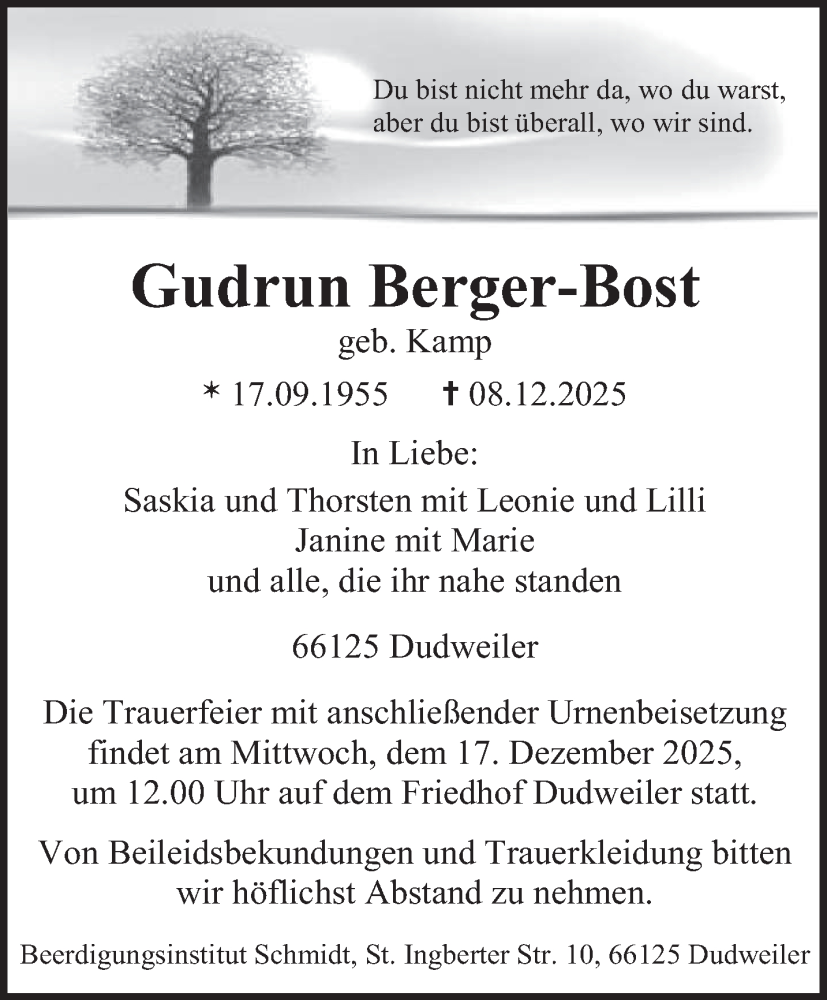 Traueranzeige für Gudrun Berger-Bost vom 13.12.2025 aus saarbruecker_zeitung