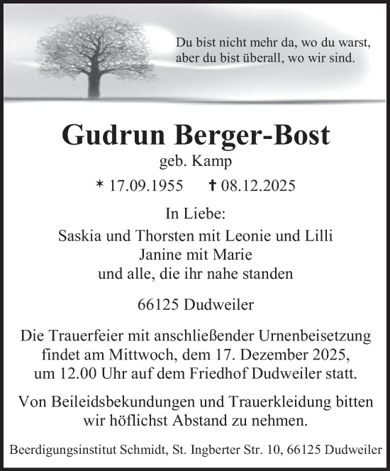 Traueranzeige von Gudrun Berger-Bost von saarbruecker_zeitung
