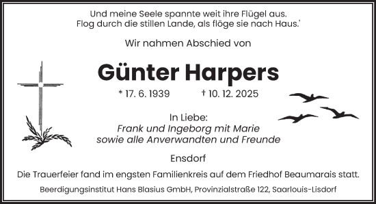 Traueranzeige von Günter Harpers von saarbruecker_zeitung