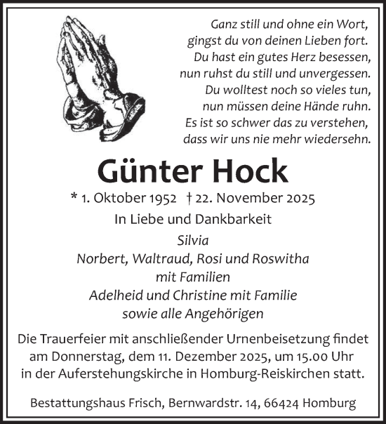 Traueranzeige von Günter Hock von saarbruecker_zeitung