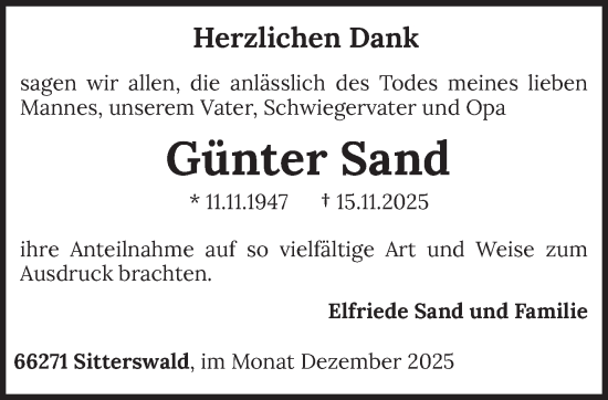 Traueranzeige von Günter Sand von saarbruecker_zeitung