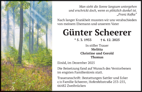 Traueranzeige von Günter Scheerer von saarbruecker_zeitung