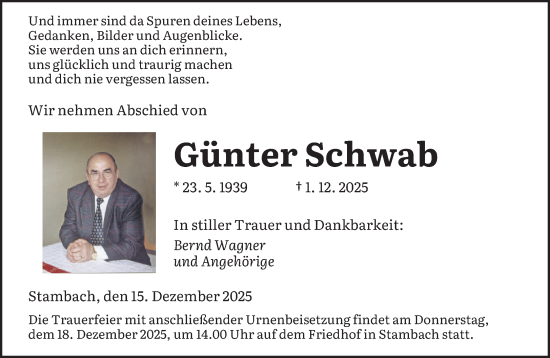 Traueranzeige von Günter Schwab von saarbruecker_zeitung