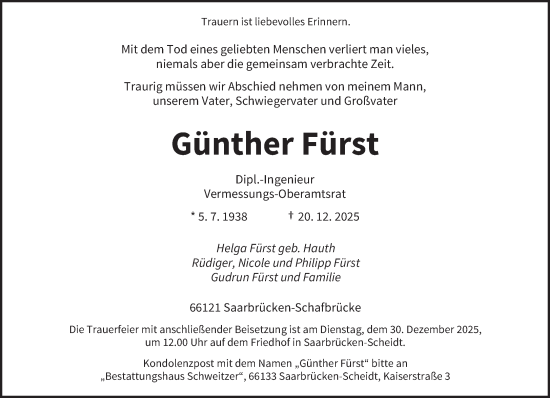 Traueranzeige von Günther Fürst von saarbruecker_zeitung