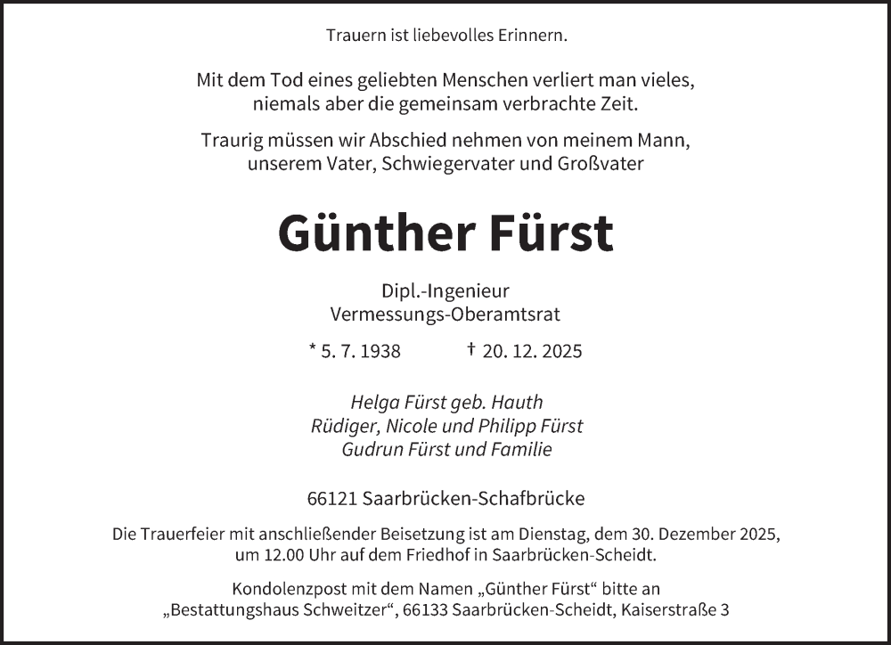  Traueranzeige für Günther Fürst vom 27.12.2025 aus saarbruecker_zeitung