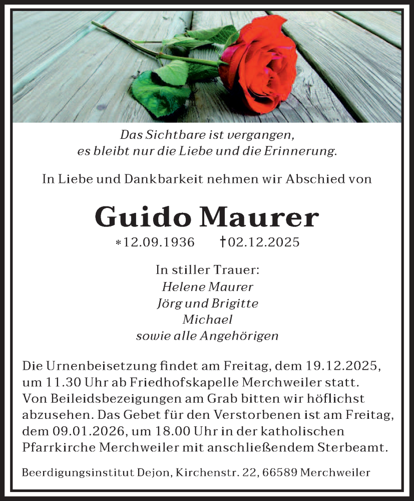  Traueranzeige für Guido Maurer vom 13.12.2025 aus saarbruecker_zeitung