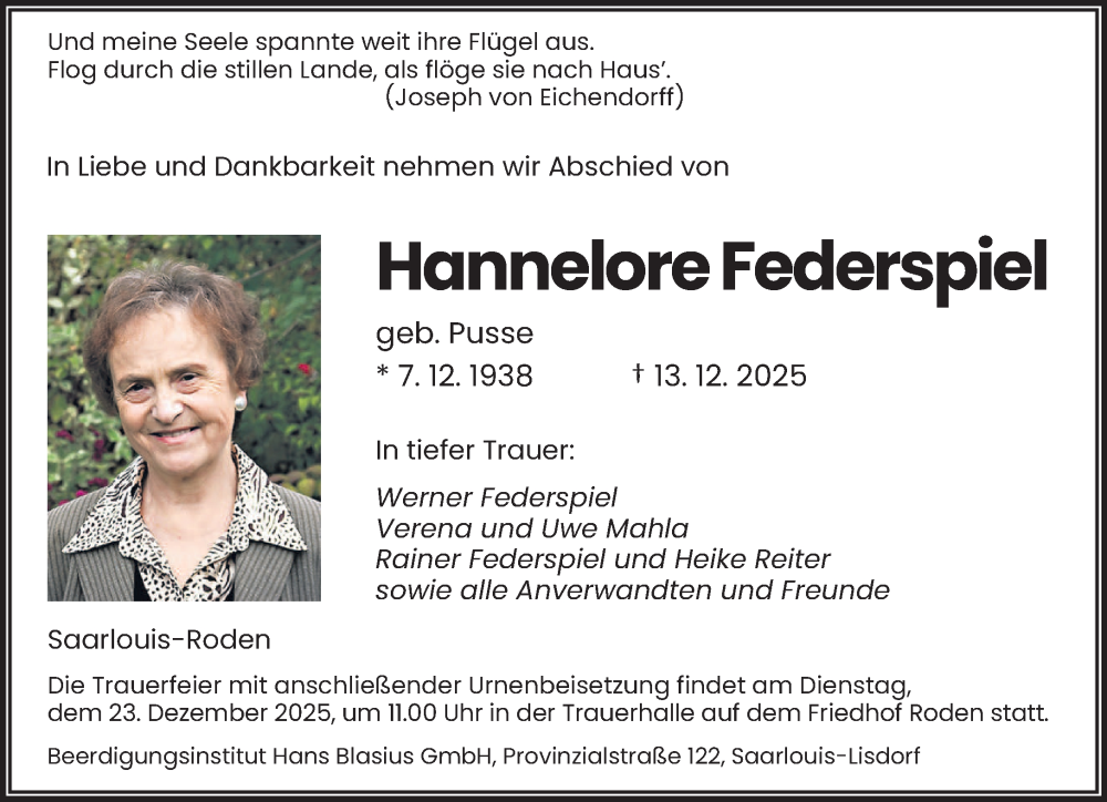 Traueranzeige für Hannelore Federspiel vom 20.12.2025 aus saarbruecker_zeitung