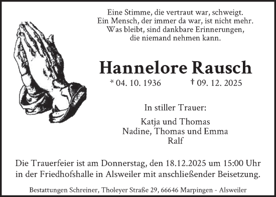Traueranzeige von Hannelore Rausch von saarbruecker_zeitung
