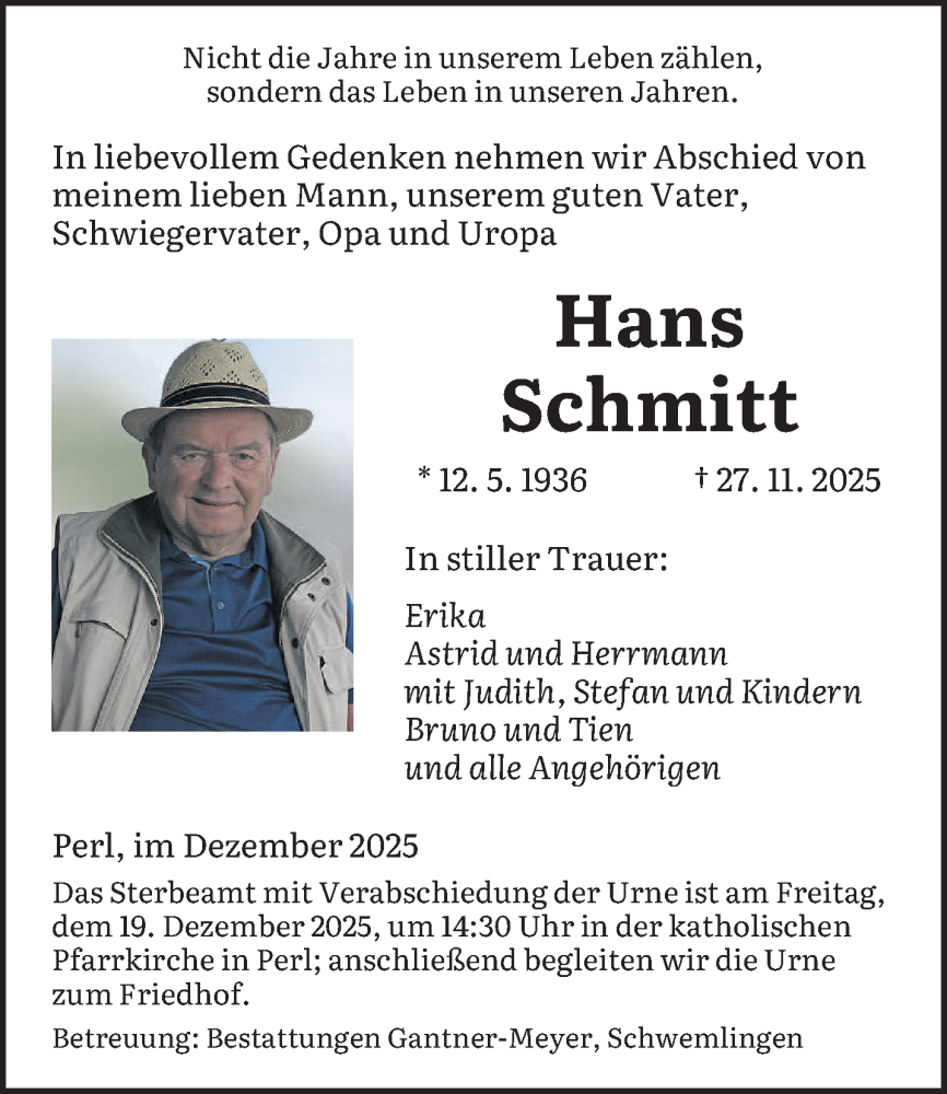  Traueranzeige für Hans Schmitt vom 05.12.2025 aus saarbruecker_zeitung