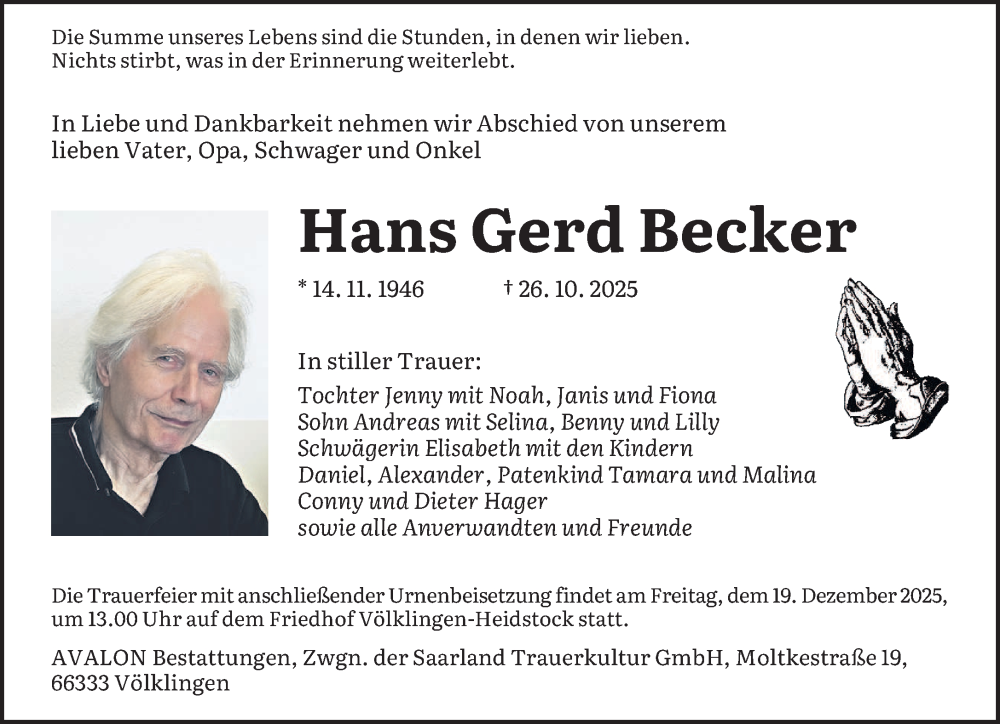  Traueranzeige für Hans Gerd Becker vom 13.12.2025 aus saarbruecker_zeitung