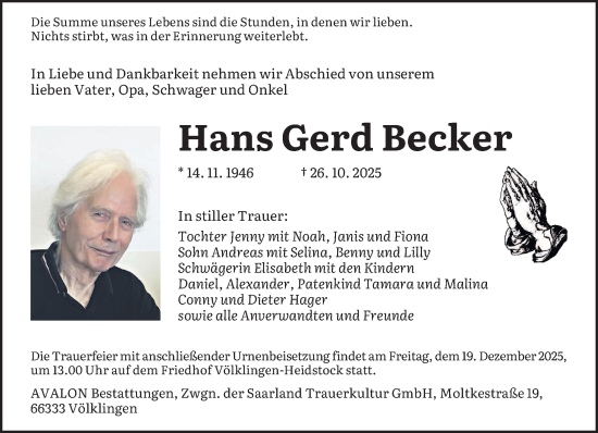 Traueranzeige von Hans Gerd Becker von saarbruecker_zeitung