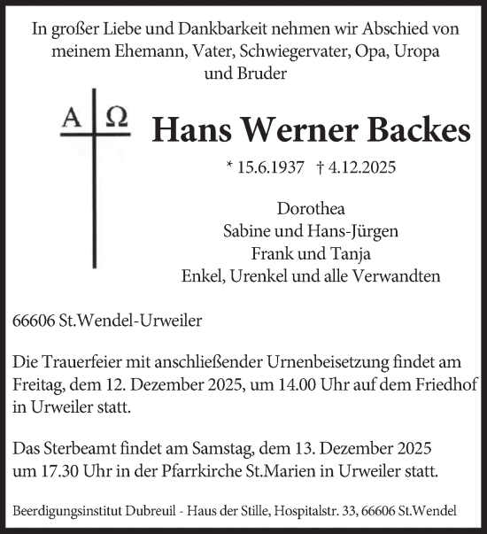 Traueranzeige von Hans Werner Backes von saarbruecker_zeitung