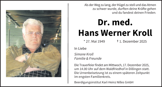 Traueranzeige von Hans Werner Kroll von saarbruecker_zeitung