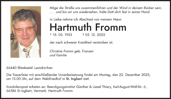 Traueranzeige von Hartmuth Fromm von saarbruecker_zeitung