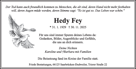 Traueranzeige von Hedy Fey von saarbruecker_zeitung