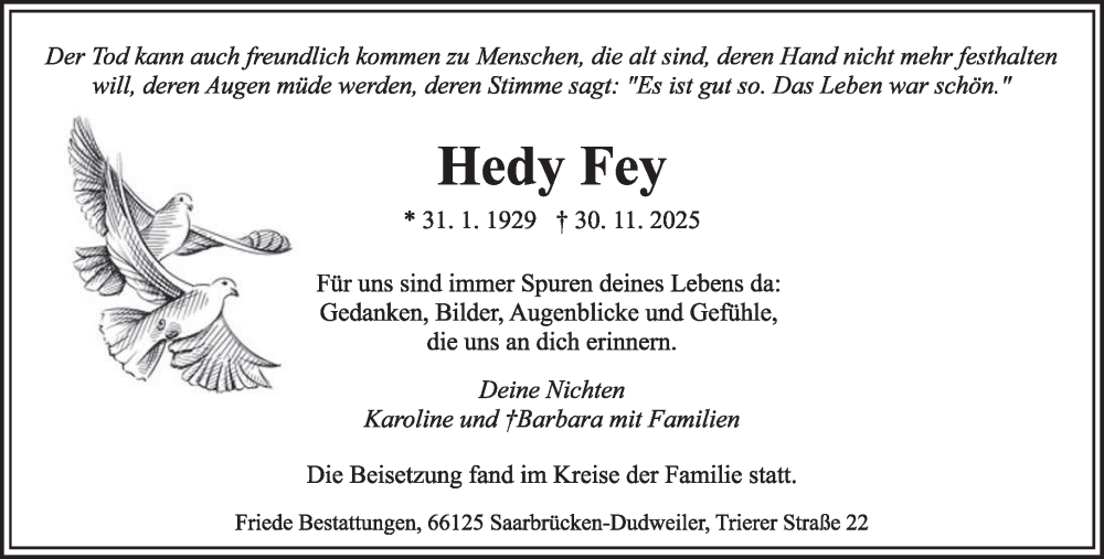  Traueranzeige für Hedy Fey vom 13.12.2025 aus saarbruecker_zeitung