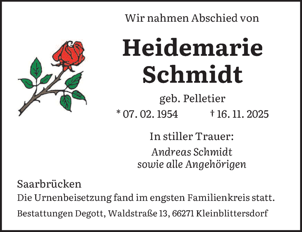  Traueranzeige für Heidemarie Schmidt vom 06.12.2025 aus saarbruecker_zeitung