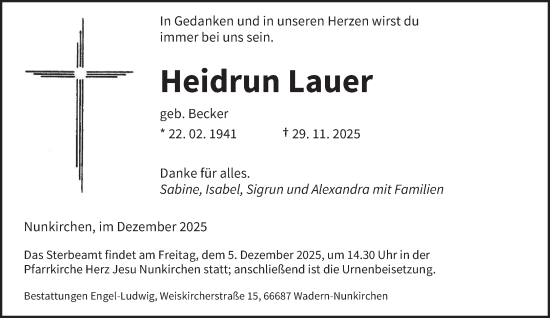 Traueranzeige von Heidrun Lauer von saarbruecker_zeitung