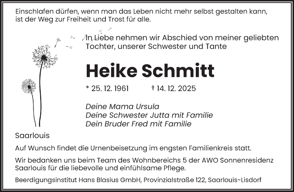  Traueranzeige für Heike Schmitt vom 24.12.2025 aus saarbruecker_zeitung