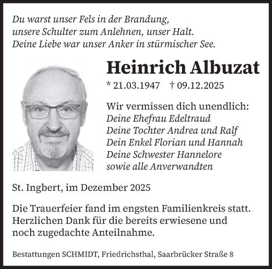 Traueranzeige von Heinrich Albuzat von saarbruecker_zeitung