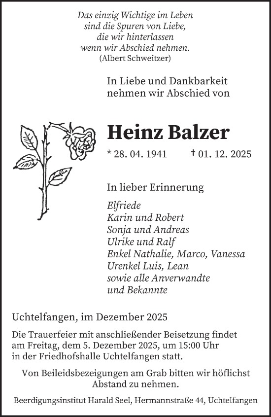 Traueranzeige von Heinz Balzer von saarbruecker_zeitung