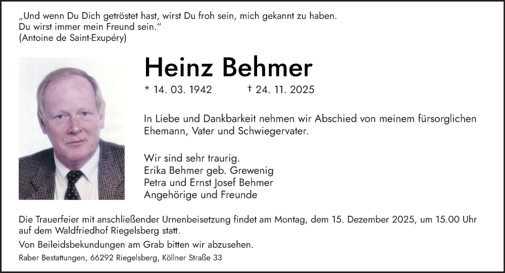  Traueranzeige für Heinz Behmer vom 06.12.2025 aus saarbruecker_zeitung
