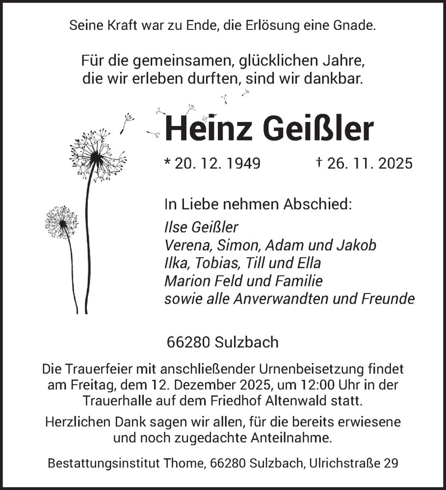  Traueranzeige für Heinz Geißler vom 06.12.2025 aus saarbruecker_zeitung